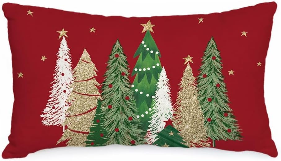 Christmas Pillow Cover 12X20 Colorful Christmas Tree Stars Decoration Holiday Farmhouse Winter Pillow Case Decor for Home Sofa Couch (Red) AA231-12